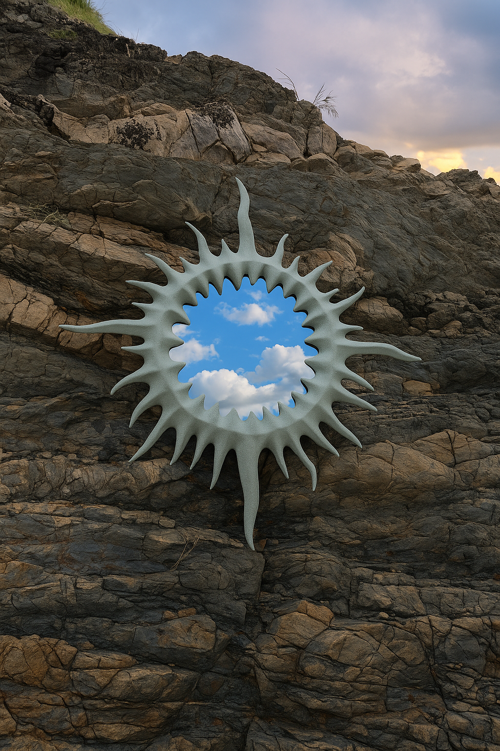 Ceremony Designs spiked sun mirror hanging in minimalist white bedroom