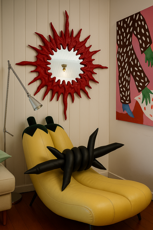 Ceremony Designs spiked sun mirror hanging in minimalist white bedroom