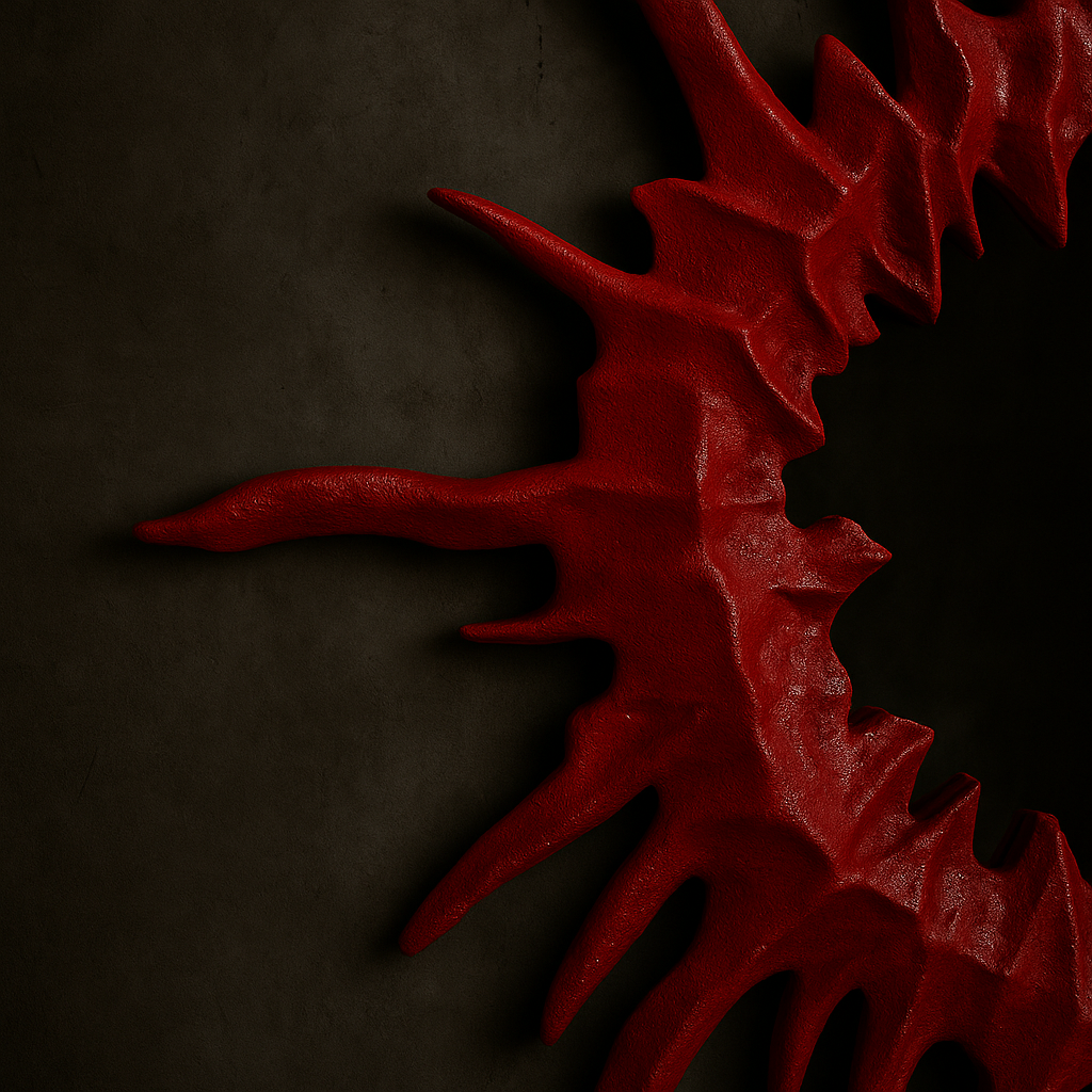 Ceremony Designs spiked sun mirror hanging in minimalist white bedroom