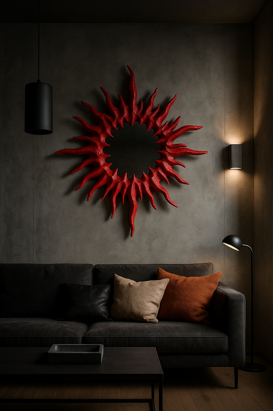 Ceremony Designs spiked sun mirror hanging in minimalist white bedroom